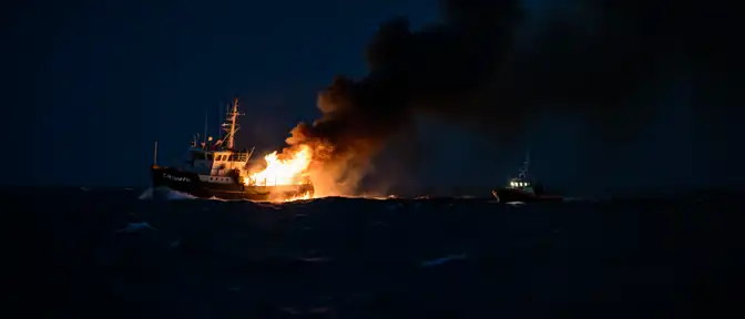 Пожар на рыболовецком судне «Триумф» препятствует проведению осмотра и буксировки экипажа